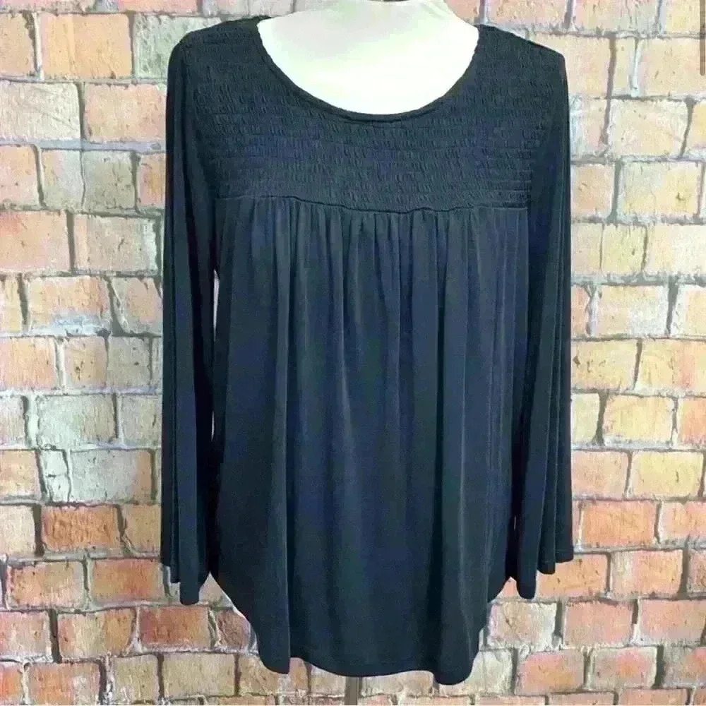 Lucky Brand Long Sleeve Smocked Yoke Top Navy Blue Size Small